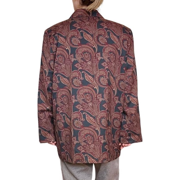 VTG 80s 90s Womens XL Dark‎ Green Maroon Paisley Evening Blazer One Button Thin - Picture 2 of 9